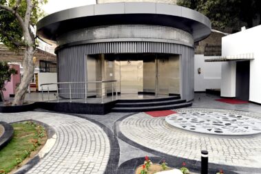 Exterior view of the circular Sulabh Aspirational Toilet showcasing modern public toilet architecture in Delhi.