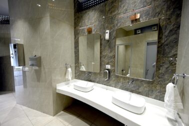 Handwash area inside the Sulabh Aspirational Toilet featuring clean basins, mirrors, and touchless hygiene systems.