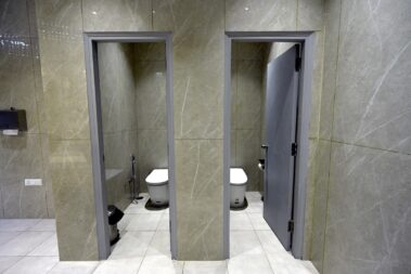 Wheelchair accessible entrance with a ramp outside the Sulabh Aspirational Toilet at the Delhi campus.