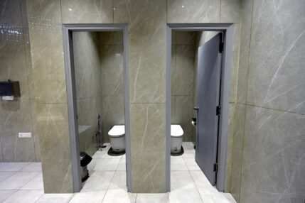 Wheelchair accessible entrance with a ramp outside the Sulabh Aspirational Toilet at the Delhi campus.